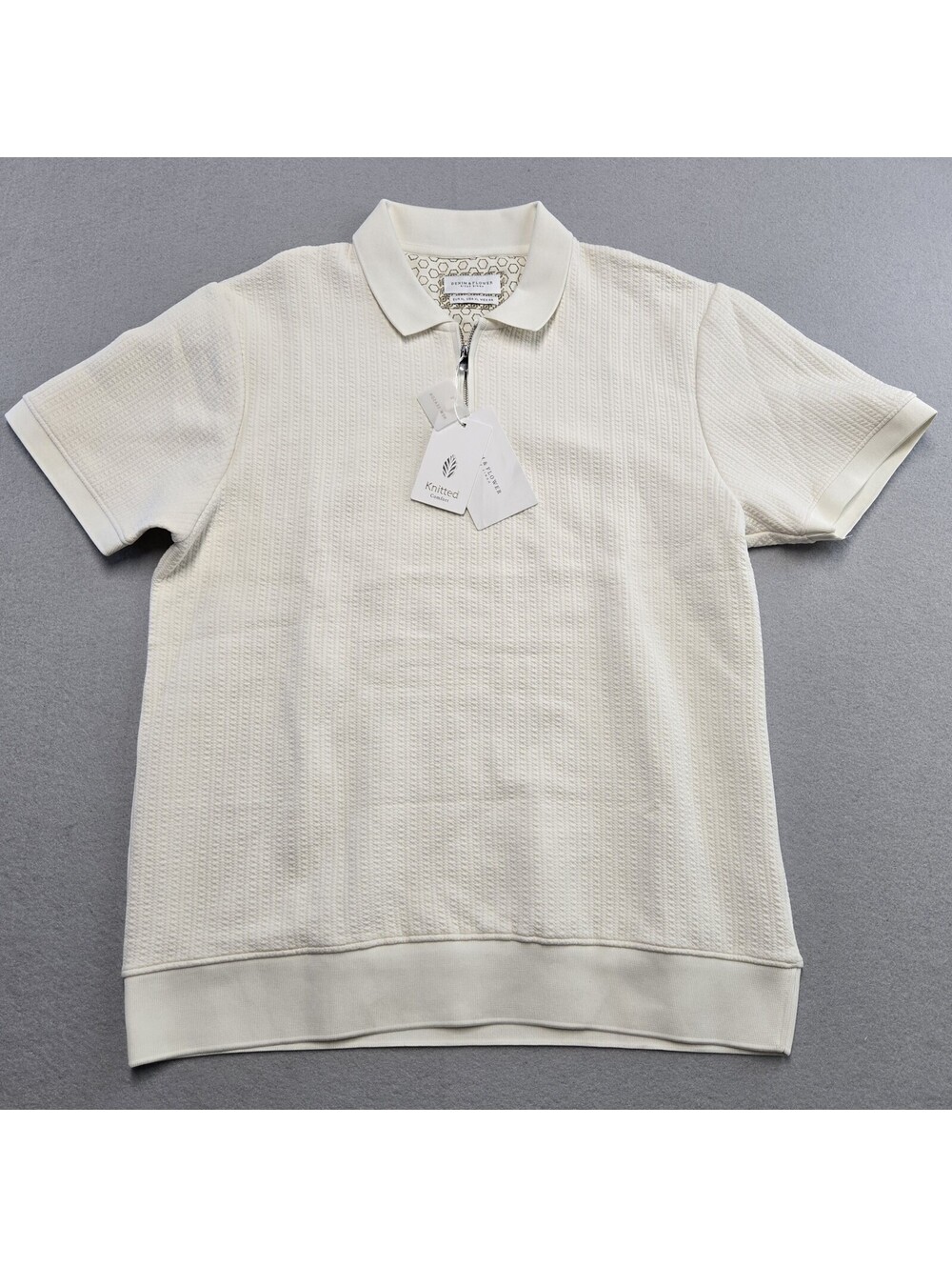 Denim & Flower Ricky Singh Waffle QZ Polo Mens XL Cream Cotton Stretch NWT